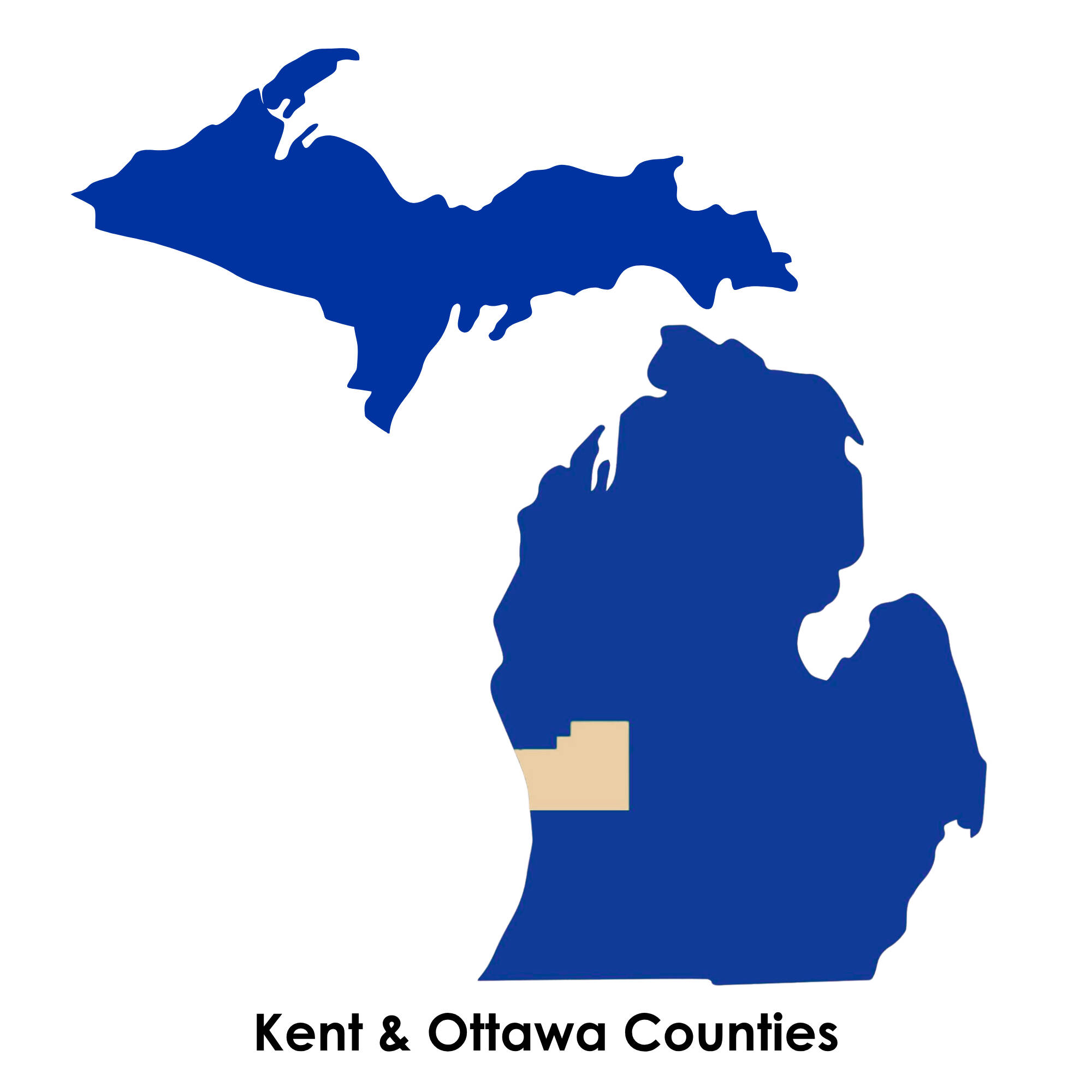 Map of Michigan highlighting Kent and Ottawa counties in West Michigan